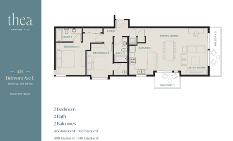 Floor plan for 2 beds, 2 baths, 1053 sqft